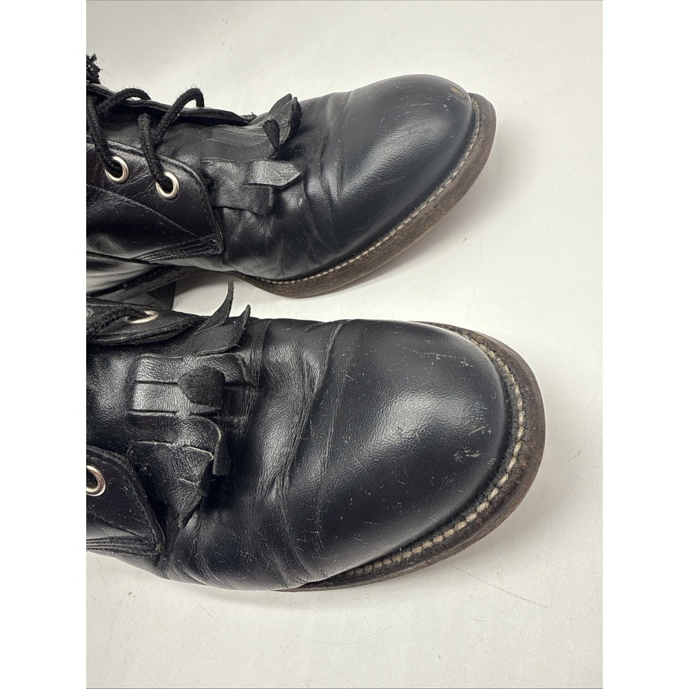 Vtg Justin Boots Womens 6.5B Black Leather Lace Up Combat Fringe Kiltie USA - Picture 10 of 15